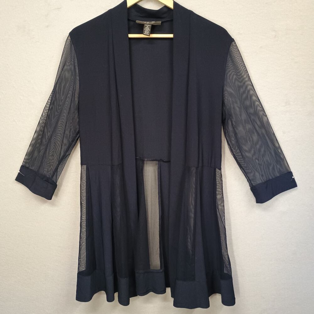 R&M Collection Navy Blue Open Front Cardigan Women's Sz 12 Sheer Paneled Sexy